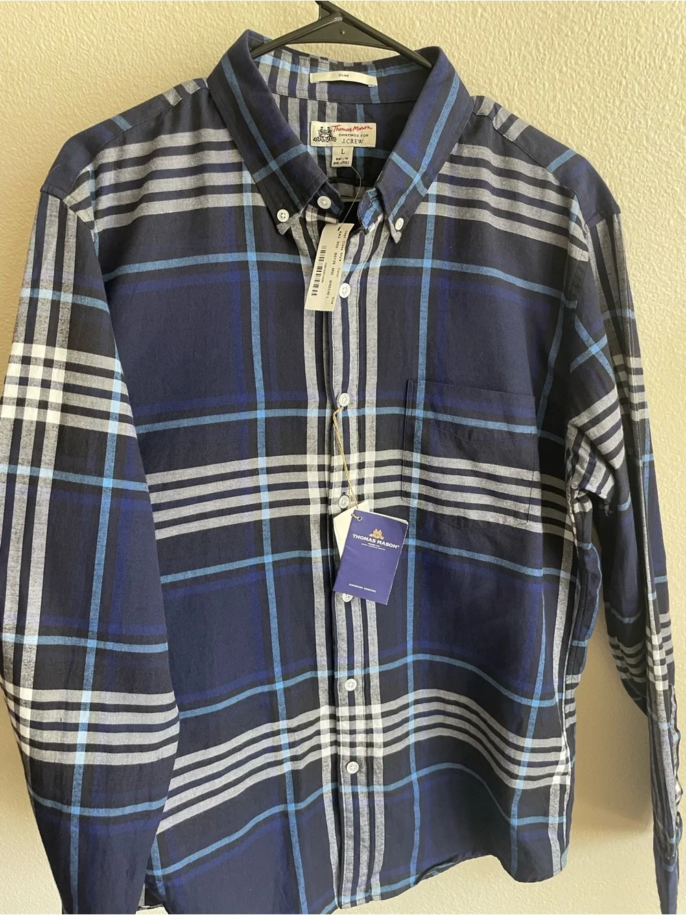 NWT J.Crew x Thomas Mason Blue White Plaid button up Dress Shirt L
